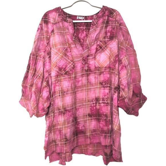 Anthropologie Tops - Anthropologie Pink Fuchsia Plaid Fringe Blouse